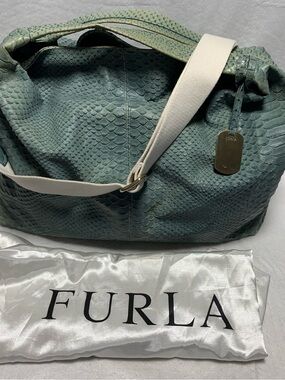 Furla Teal Green Python-Effect Leather Shoulder Bag with White Strap